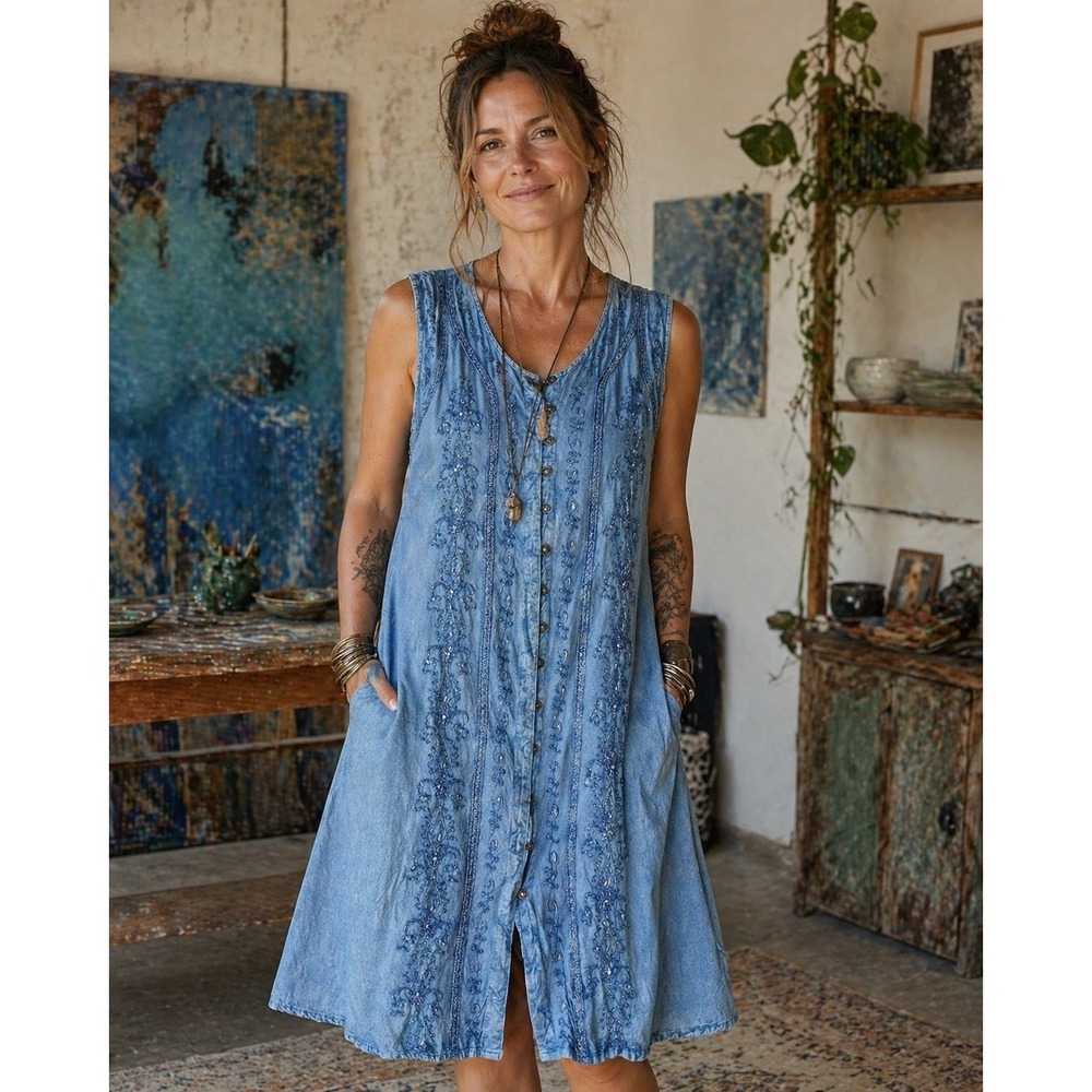 NWT Coline Blue Embroidered Boho Dress XL Sleeveless Button Front Artsy Flowy
